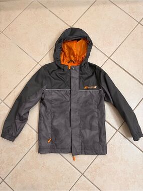 Kids Hooded Raincoat in Charcoal with Orange Lining